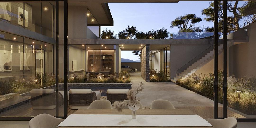 Architectural visualisation of the internal courtyard at dusk