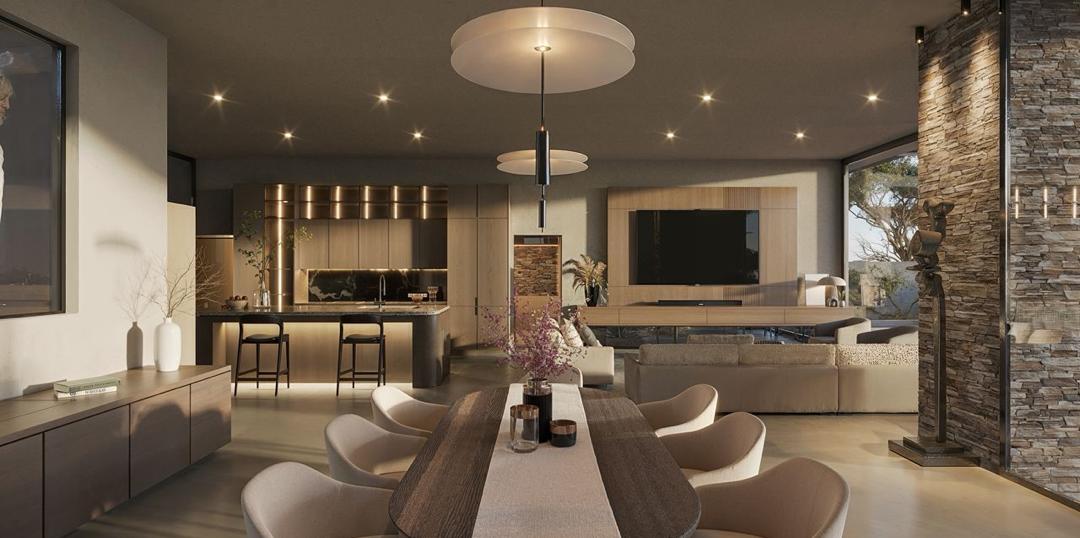 Architectural visualisation of the open-plan kitchen and living space