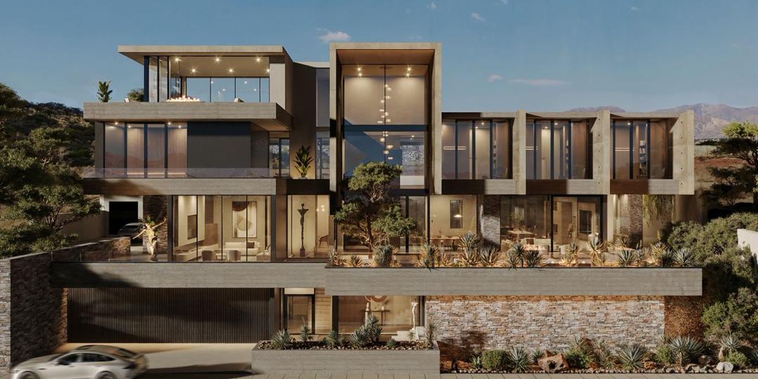 Architectural visualisation of a hillside residence street elevation