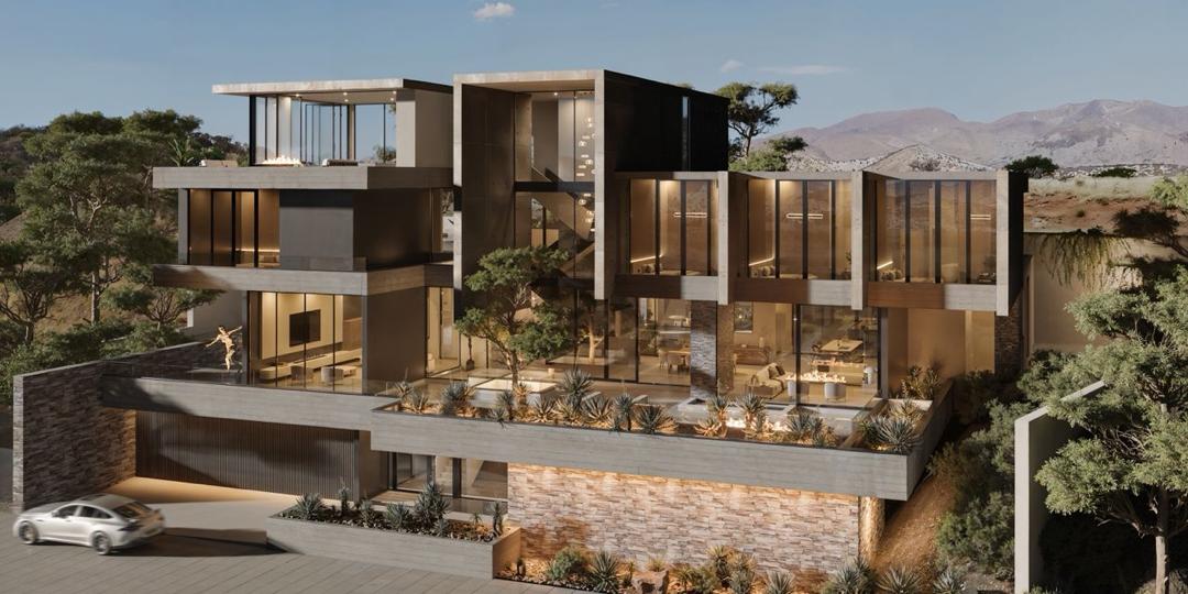 Architectural visualisation of the hillside elevation at dusk